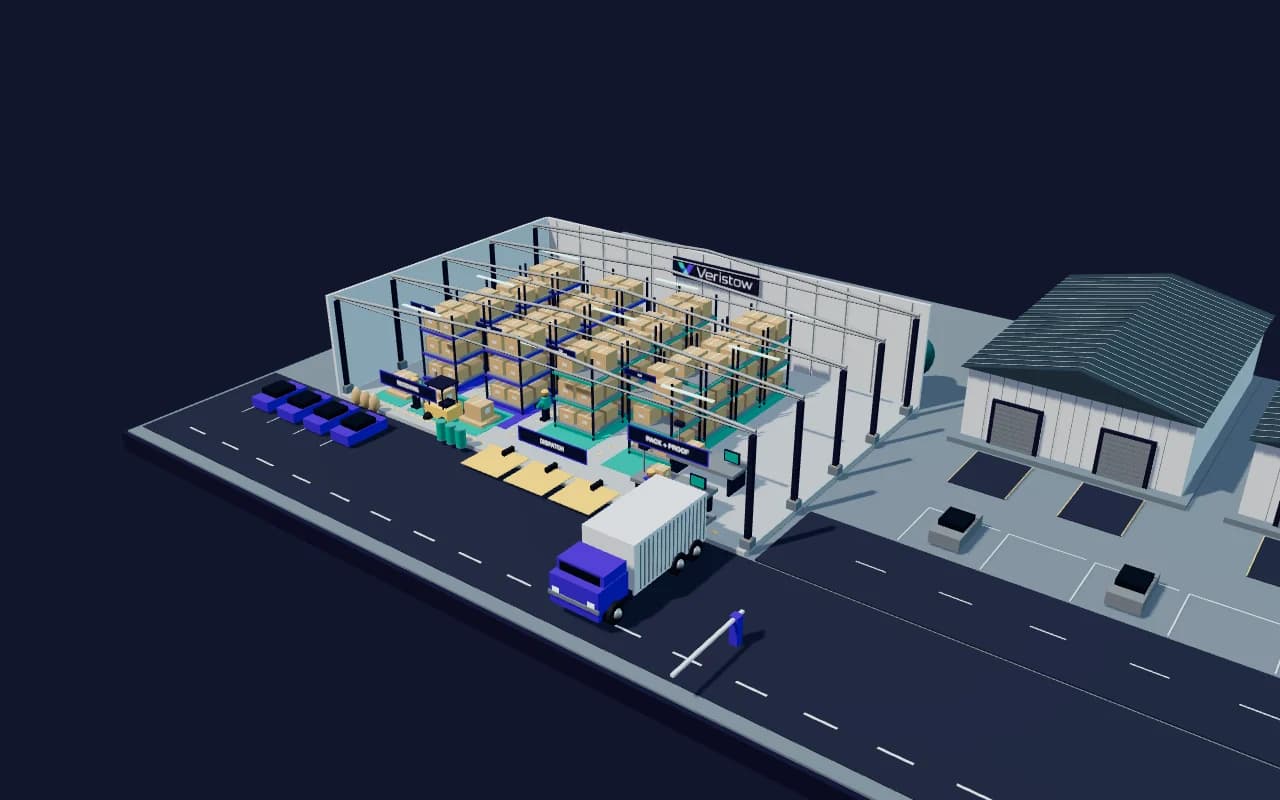 Illustrative cutaway warehouse with racks, receiving lanes, packing stations and dispatch yard.